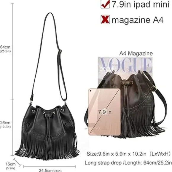 Leather Bucket Bags for Women Crossbody Fringe Purses with Drawstring Ladies - Picture 4 of 5